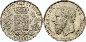 Belgium 5 Francs 1875
KM# 24; Silver; UNC, Leopold II; Unmounted