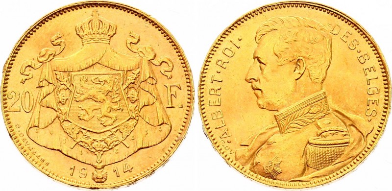 Belgium 20 Francs 1914 
KM# 78; Albert; Gold (.900) 6.45g.; AUNC