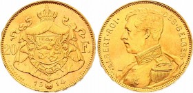 Belgium 20 Francs 1914 
KM# 78; Albert; Gold (.900) 6.45g.; AUNC