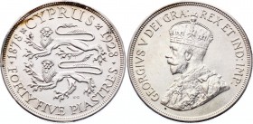Cyprus 45 Piastres 1928 
KM# 19; Silver; 50th Anniversary of Cyprus; AUNC with hairlines