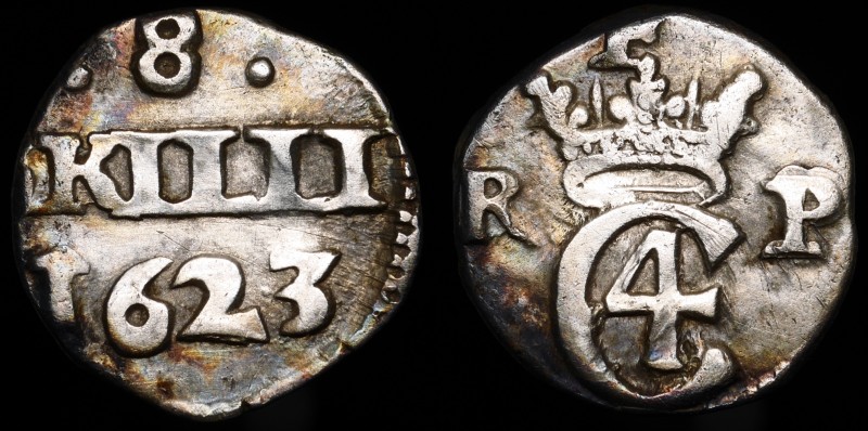 Denmark 8 Skilling 1623 RP R!
Christian IV; H# 122; S# 52; Silver 2.04g; 3 in D...