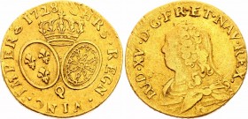 France Louis D'or 1728 Q
KM# 489.17; Louis XV; Mint: Perpignan; Mintage 7,680; RRR; Gold (.917) 8,158g.; VF