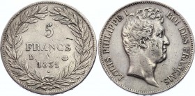 France 5 Francs 1831 D
KM# 735; Silver; Louis-Philippe I. VF+