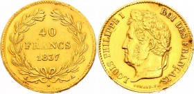 France 40 Francs 1837 A
KM# 747.1; Louis-Philippe I; Mint. Paris; Mintage 28,000; Very Rare; Gold (.900) 12.9039g.; XF