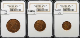 France 2, 5, 10 Centimes 1851 NGC MS64-MS65
Essai Set 3 Coins in NGC; Module 10c MS 64; Maz# 1372; 5c MS 65; Maz# 1373; 2c MS 64; Maz# 1374