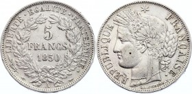 France 5 Francs 1850 A
KM# 761.1; Second Republic; Mint: Paris; Silver: XF