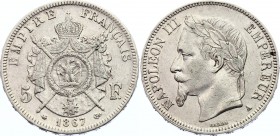 France 5 Francs 1867 A
KM# 799.1; Napoleon III; Mint: Paris; Silver; XF