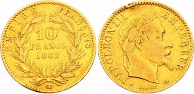 France 10 Francs 1862 BB
KM# 800.2; Napoleon III; Mint. Strasbourg; Gold (.900) 3.2258g.; VF