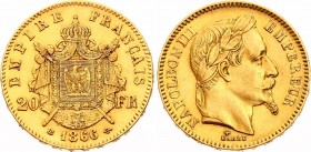 France 20 Francs 1866 BB
KM# 801.2; Napoleon III; Mint. Strasbourg; Gold (.900) 6.4516g.; XF-AUNC