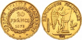 France 20 Francs 1875 A
KM# 825; Mint: Paris; Gold (.900) 6.45g.; XF