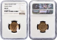 France 20 Francs 1896 A NGC MS 64
KM# 825; Gold (.900), 6.45g. UNC. Rare in this high grade.