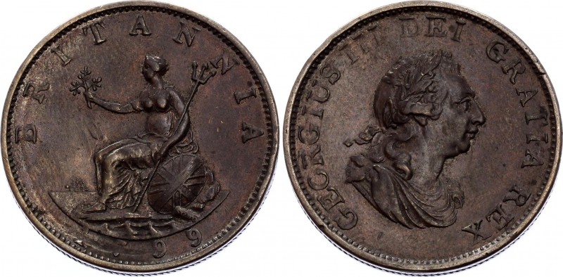 Great Britain 1/2 Penny 1799 
KM# 647; George III; XF+ with nice toning!