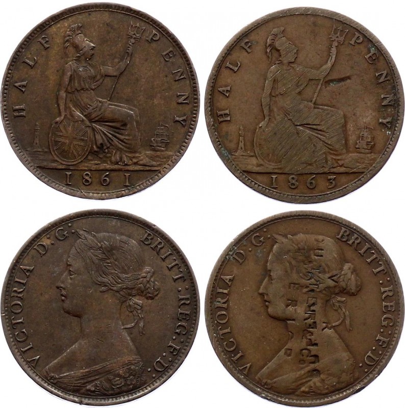 Great Britain Lot of 2 x Half Penny 1861 & 1863 - Counterstamped!
KM# 748; Vict...