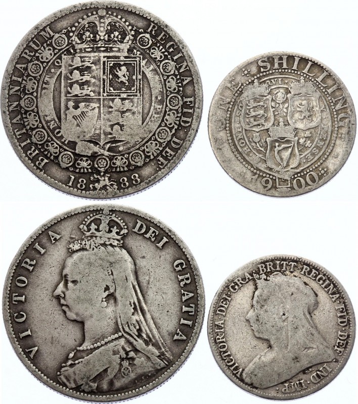 Great Britain Lot of 2 Coins 1888 & 1900
1 Shilling 1900 & 1/2 Crown 1888; Silv...