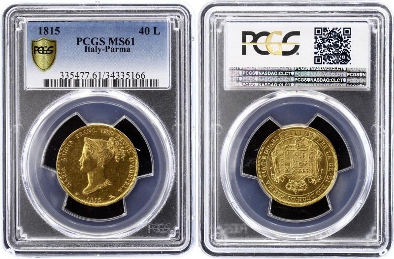 Italian States Parma 40 Lire 1815 PCGS MS61
KM# C32, Pag-3, Fr-933. Maria Luigi...