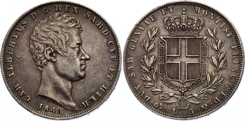 Italian States Sardinia 5 Lire 1843
KM# 130.2, Pagain-254. CASA SAVOIA Carlo Al...