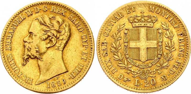 Italian States Sardinia 20 Lire 1859 P
KM# 146; Gold (.900) 6.45g 21mm; Vittori...