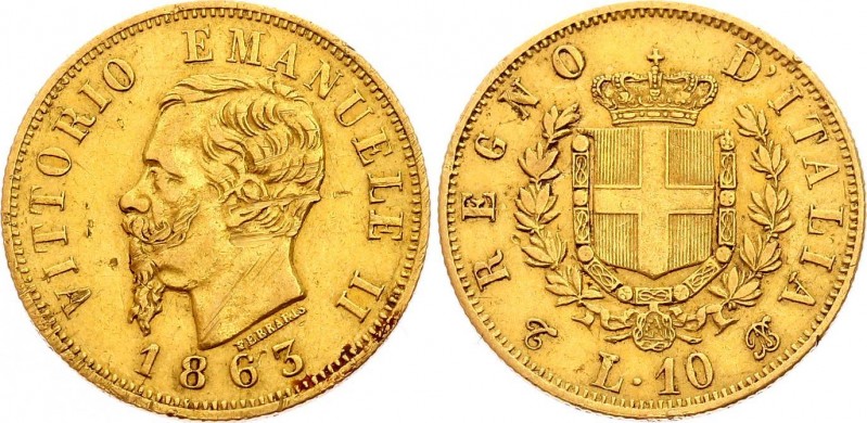 Italy 10 Lire 1863 TBN
KM# 9; Gold (.900) 3.23g 18mm; Vittorio Emanuele II