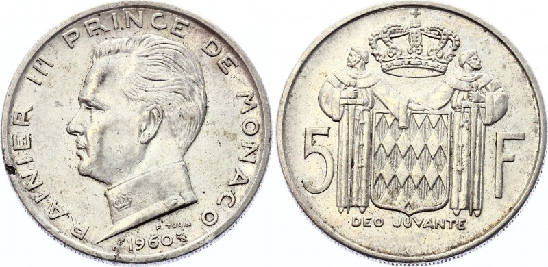 Monaco 5 Francs 1960 
KM# 141; Rainier III; Silver; XF-AUNC