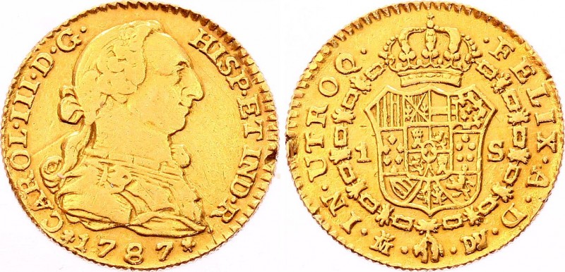 Spain 1 Escudo 1787 DV
KM# 416.1a; Carlos III; Gold (.900) 3.38g.; VF