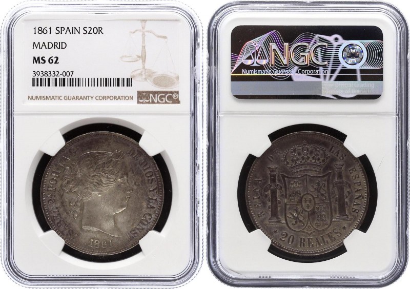 Spain 20 Reales 1861 NGC MS62
KM# 609; Authenticated and graded by NGC MS62. Ou...