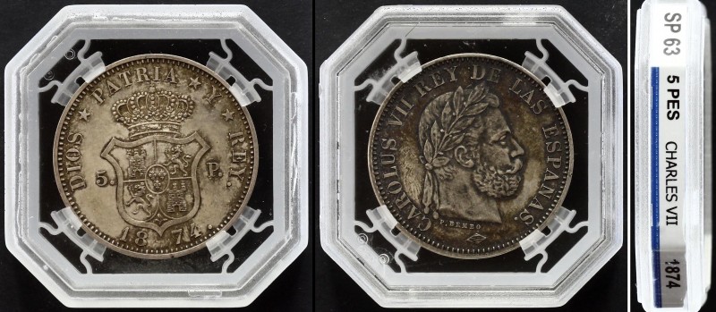 Spain 5 Pesetas 1874 Proba GENI SP63
KM# XPT3b; Silver; Charles VII.