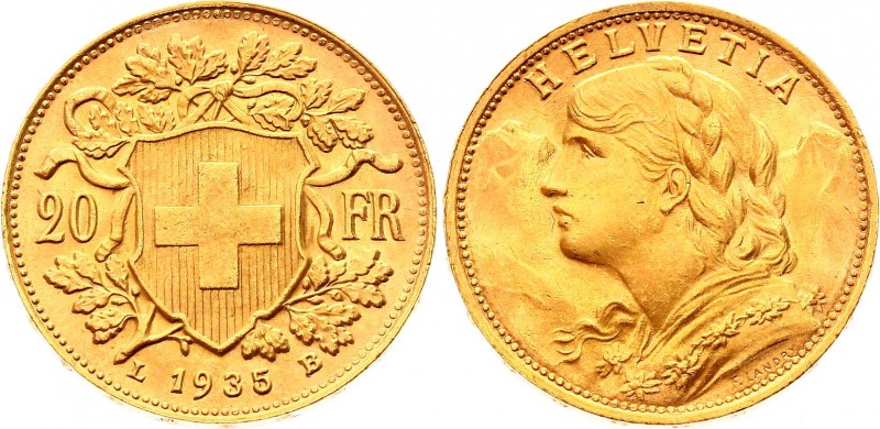 Switzerland 20 Francs 1935 B
KM# 35; Gold (.900) 6.45g 21mm; UNC