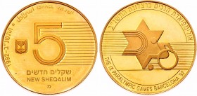 Israel 5 New Sheqalim 1992 - JE5752 (u)
KM# 229; IX Paralympic Games; Mintage 1,629; RRR; Gold (.900) 8.63g.; Proof