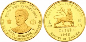 Ethiopia 10 Dollars 1966 - EE1958 NI
KM# 38; 75th Anniverary of Birth and 50th Jubilee of Reign of Emperor Haile Selassie I; Gold (.900) 4.00g.; Proo...