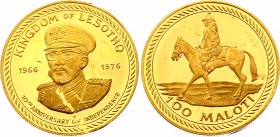 Lesotho 100 Maloti 1976 
KM# 15; Ruler: Moshoeshoe II; Subject: 10th Anniversary of Independence; Mintage 1,410; RRR; Gold (.900) 9g.; Proof