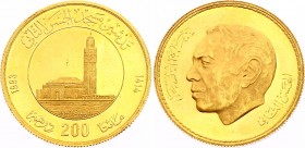 Morocco 200 Dirhams 1993 - AH1414
Y# 99a; 33rd Anniversary of Hassan’s Inauguration; Gold (.900) 21.5g.; Proof