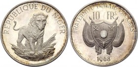 Niger 10 Francs 1968
KM# 8.1; Silver Proof; Mint. 1000 Pcs; Lion