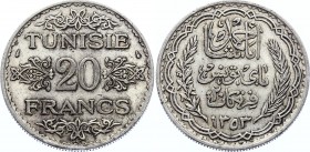 Tunisia 20 Francs 1934 - AH 1353 
KM# 263; Ahmad Pasha Bey; Silver; XF