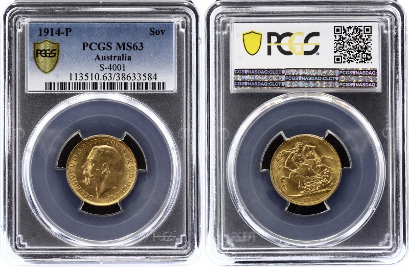 Australia Sovereign 1914 S PCGS MS63
KM# 29; Georg V; Gold (.917) 7.98g; UNC