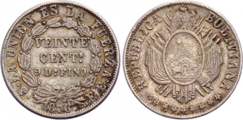 Bolivia 20 Centavos 1876
KM# 159; Silver, AUNC. Not common.