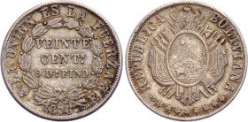 Bolivia 20 Centavos 1876
KM# 159; Silver, AUNC. Not common.