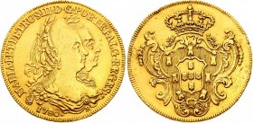 Brazil 6400 Reis 1780 R
KM# 199.2; Maria I & Pedro III; Gold (.917) 14.34g.; AUNC