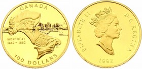 Canada 100 Dollars 1992 
KM# 211; Elisabeth II; Montreal; Mintage 28,162; Gold (.583) 13.34g.; Proof
