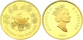 Canada 100 Dollars 1993 
KM# 245; Elisabeth II; Antique Automobiles; Mintage 25,971; Gold (.583) 13.34g.; Proof