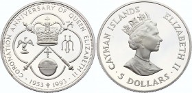 Cayman Islands 5 Dollars 1993 
KM# 112; Silver Proof; 40th Anniversary of the Coronation of Queen Elizabeth II