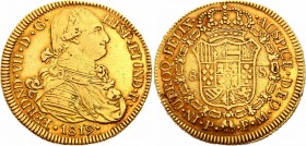 Colombia 8 Escudo 1819 P MF
KM# 66.2; Struck in the name of Ferdinand VII with the bust of Charles VI; RRR; Gold (.900) 27.07g.; VF-XF