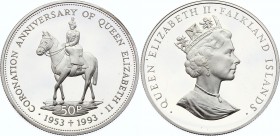 Falkland Islands 50 Pence 1993 
KM# 43a; Silver Proof; 40th Anniversary of the Coronation of Queen Elizabeth II