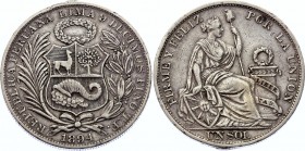 Peru 1 Sol 1894 TF
KM# 196.26; Silver; VF+