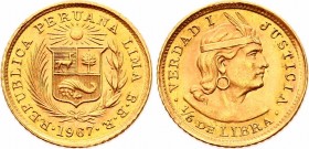 Peru 1/5 Libra 1967 BBR
KM# 210; Gold (.917) 1.5976g; AUNC