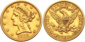United States 5 Dollars 1885 S Error "8 with Tail" RARITY
KM# 101; Gold (.900) 8.35g 21.6mm; "Liberty / Coronet Head - Half Eagle" (With motto)