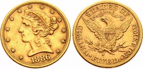 United States 5 Dollars 1886 S
KM# 101; Gold (.900) 8.359g; AUNC