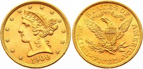 United States 5 Dollars 1900 
KM# 101; Gold (.900) 8.35g 21.6mm; "Liberty / Coronet Head - Half Eagle" (With motto)