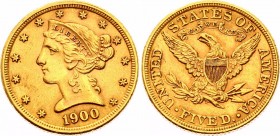 United States 5 Dollars 1900 
KM# 101; Gold (.900) 8.359g; AUNC
