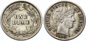 United States 1 Dime 1892 
KM# 113; Silver; "Barber Dime"; XF-