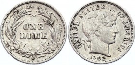 United States 1 Dime 1902 O
KM# 113; Silver; "Barber Dime"; XF